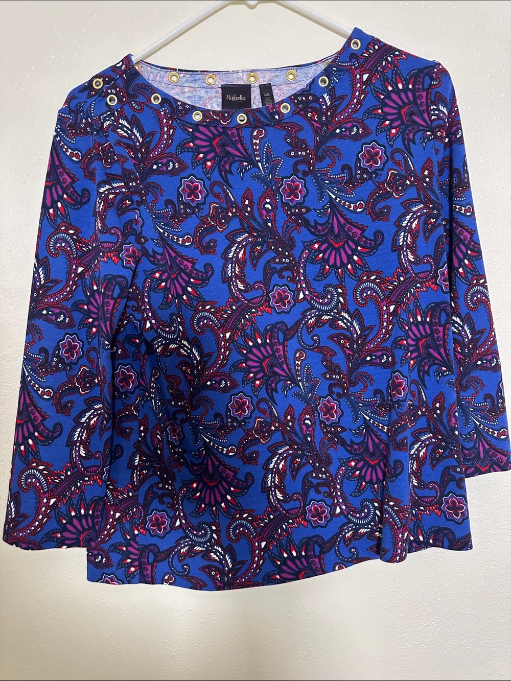 Rafaella Royal Blue Paisley Grommet-Trim Long Sleeve Top
